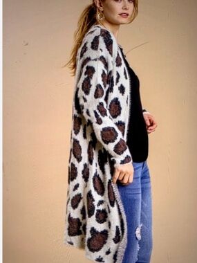 Grace y lace  Leopard Print Open Cardigan - White/Brown